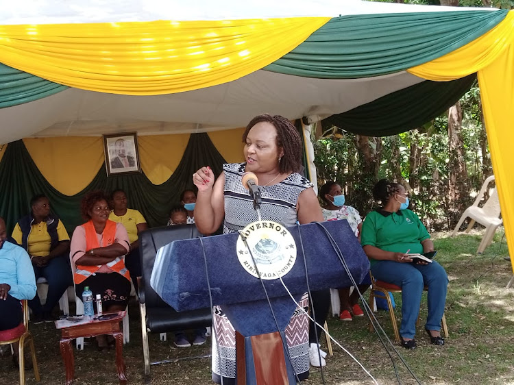 Kirinyaga county governor Anne Waiguru speaking in Mukure ward during an event to commission bursaries worth 125 million shillings.