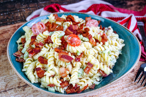 Bacon and Tomato Pasta Salad in a serving bowl.