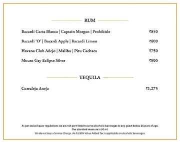 Piano Bar, The Oberoi menu 