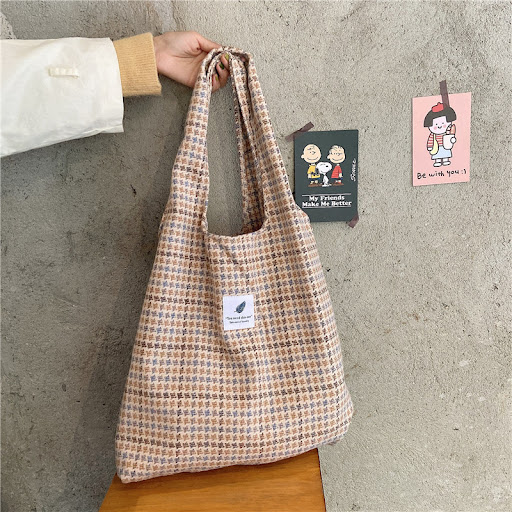 Title 4, Cute student school bag, contrasting check canv...