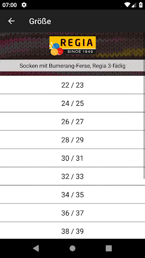 Screenshot Socken Größentabellen