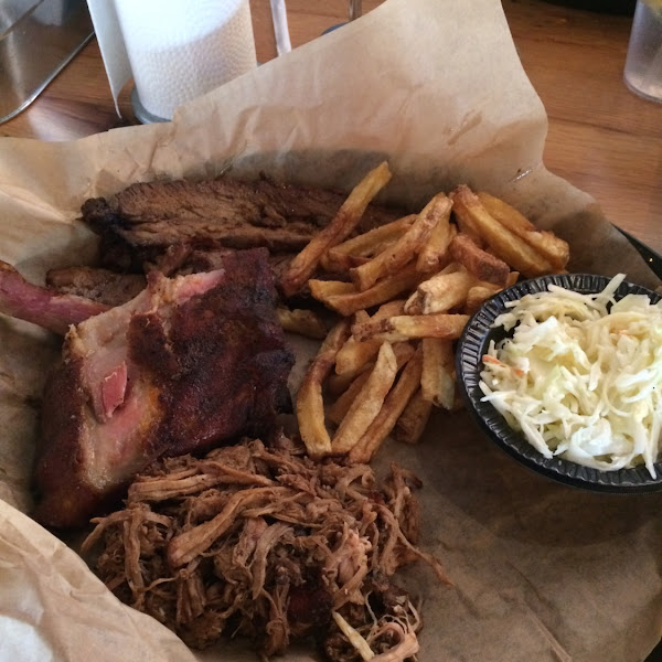 3 Meat Sampler with fries and slaw