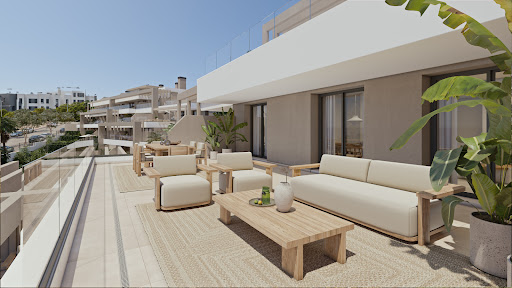 Modern terrace with outdoor furniture and view in this luxury property for sale in Estepona ($1,204,570 - 96 m²)