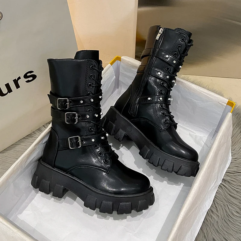 Title 11, Womens Buckle Lace-up Side Zip Punk Mid Boots ...