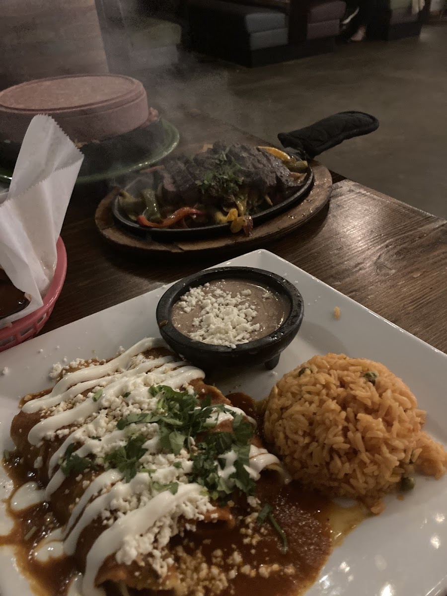 Chicken enchiladas and steak fajitas!