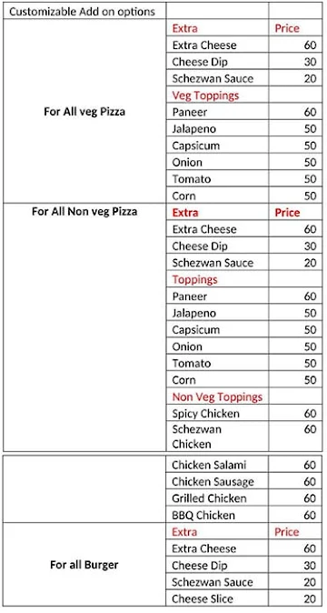 The Pizza Box menu 