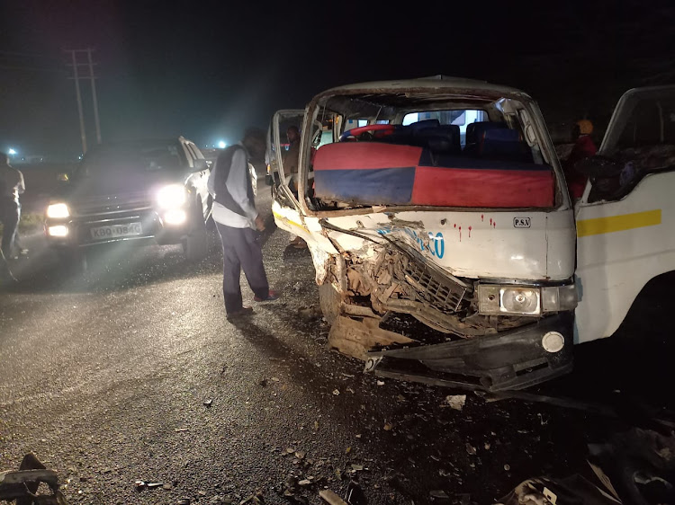 The 14 - seater matatu that got involved in head on collision with a salon car along Nairobi - Namanga road near Savannah Cement Limited in Athi River, Machakos County on Saturday, April 9.