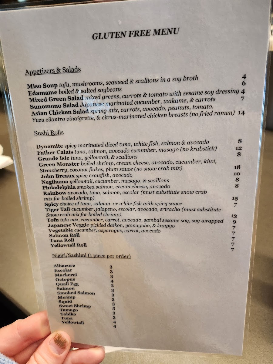 Tsunami gluten-free menu