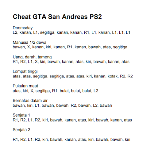 GTA SAN ANDREAS PS2 cheat list Poster