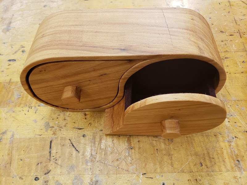 Upper front view of bandsaw box with right drawer open