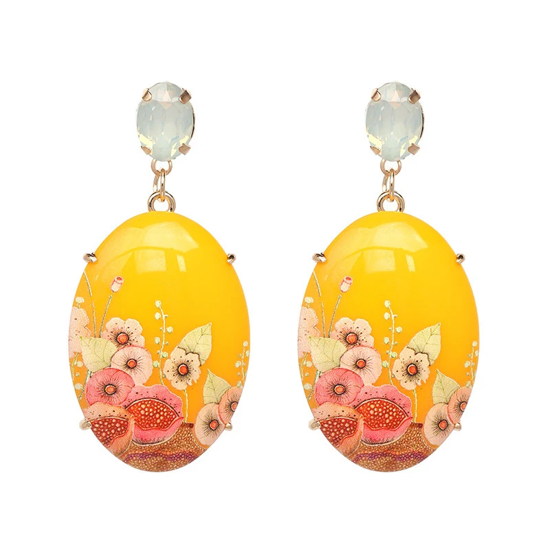 Reçine Baskılı Retro Oval Küpeler