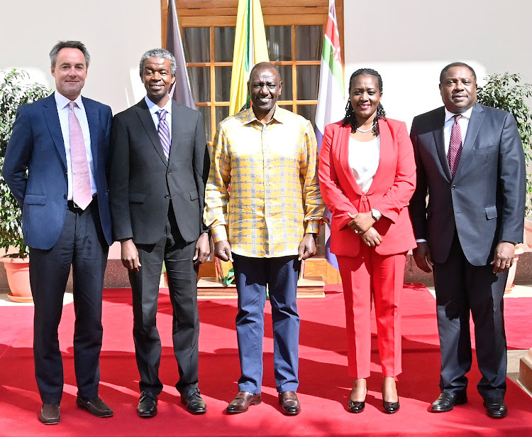 President William Ruto with the newly appointed CEO of the Africa Climate Summit Joseph Ng'ang'a and Environment CS Soipan Tuya among other leaders at the State House, Nairobi on June 9,2023.