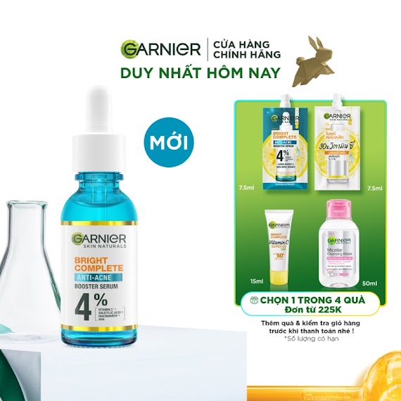 Dưỡng Chất Cho Da Dầu Mụn Garnier Bright Complete Anti - Acnes Booster Serum 4% [Niacinamide, Bha, Aha, Vitamin C] 30Ml