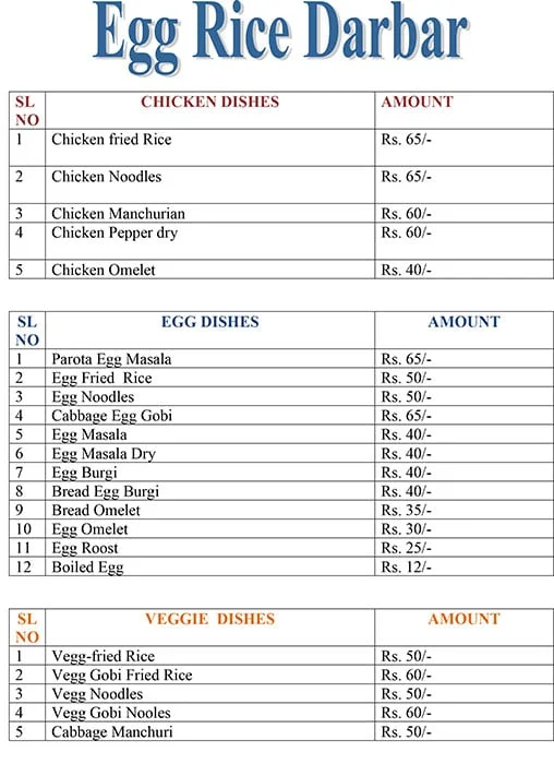 Egg Rice Darbar menu 