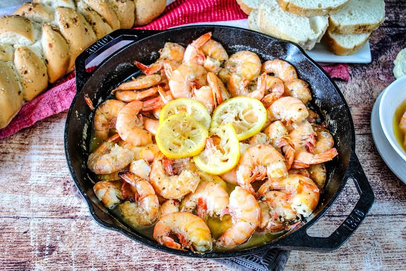 New Orleans Style Bbq Shrimp In A Cast Iron Skillet.