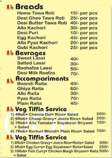 The Tiffin Service menu 