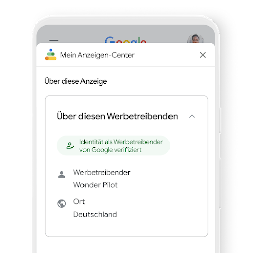 Mockup der Seite „Über diesen Werbetreibenden“ in "Mein Anzeigen-Center", wobei anzeigt wird, ob der Werbetreibende von Google verifiziert ist.