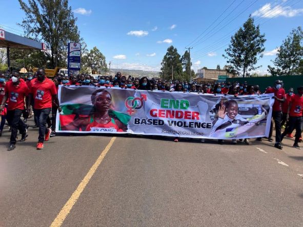 Athletes led by Julius Yego during their peaceful procession within Eldoret town, with the message "End Gender Based Violence" following the brutal murder of Olympian Agnes Tirop