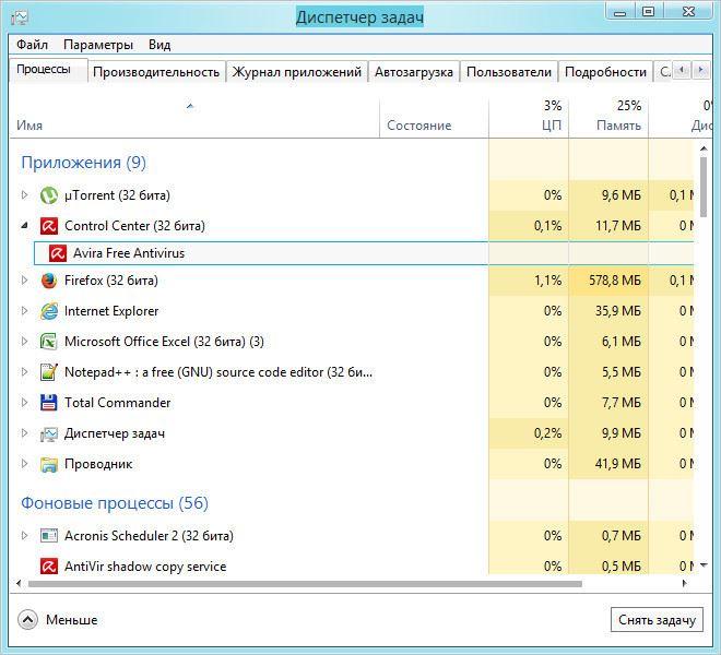 Отключение Avira в диспетчере задач