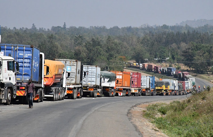 Long distance trucks along the Malaba-Bungoma highway.