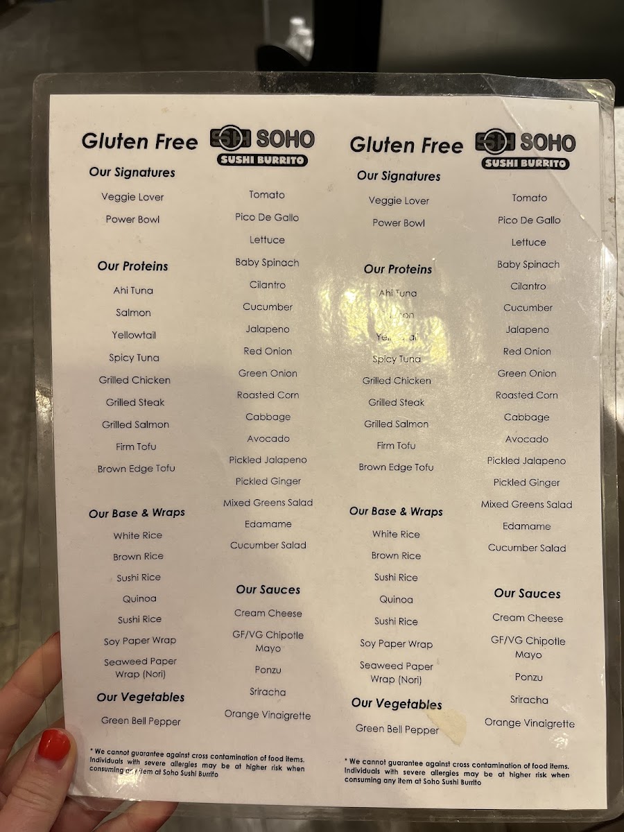 Gluten free allergen menu 2022