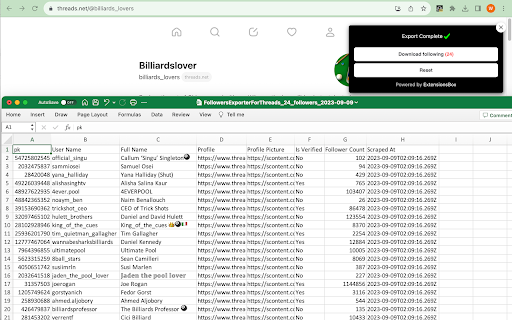 Simple Threads Follower CSV Export