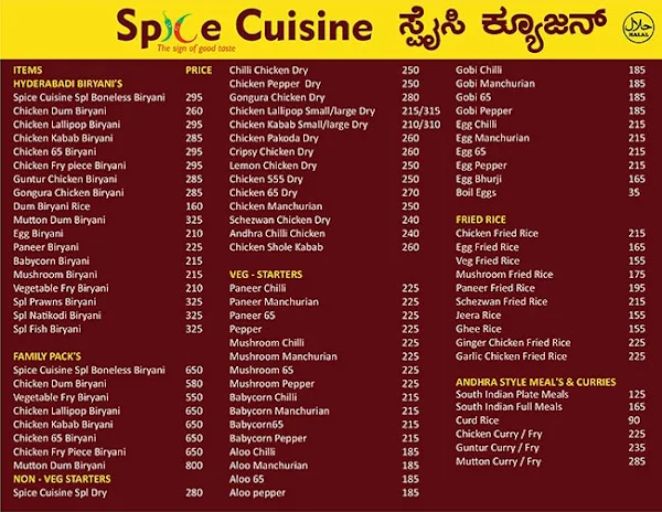 Spice Cuisine menu 