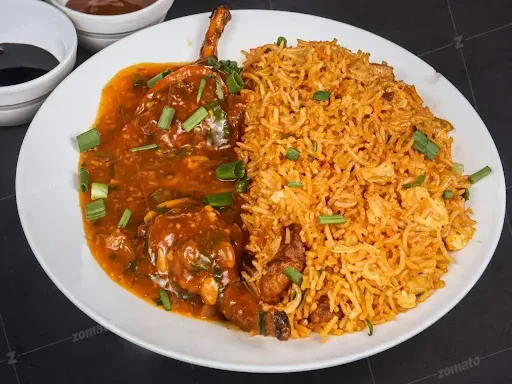 Chicken Schezwan Rice With Chicken Lollipop In Schezwan Sauce