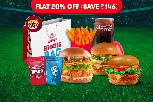 Flat 20% Off On 3 Premium Veg Burgers + Fries + Beverage