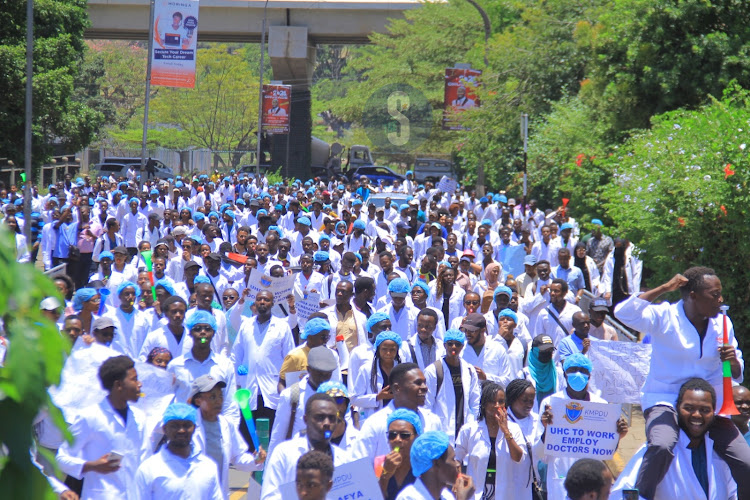 Doctors demonstrate on their way to Nairobi CBD to ask for the posting of intern doctors on March 22, 2024.