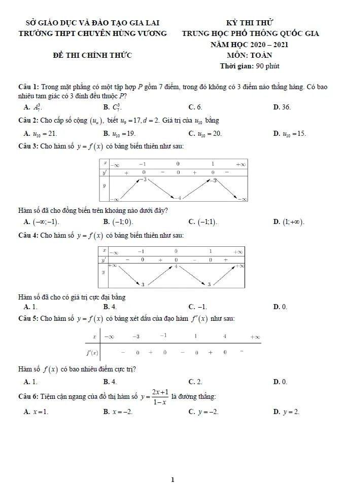 Đề thi thử môn Toán trường chuyên Hùng Vương