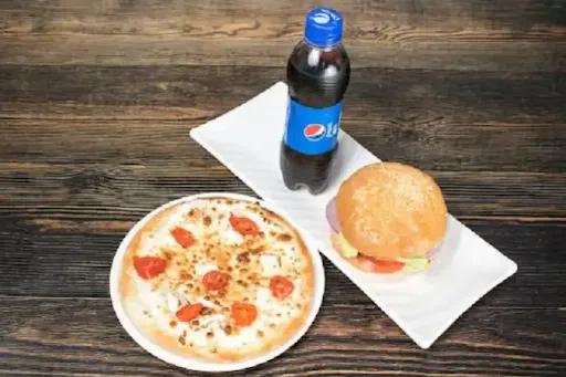 Veg Pizza [Medium 6 Slice]+ Veg Burger+ Cold Drink 250Ml