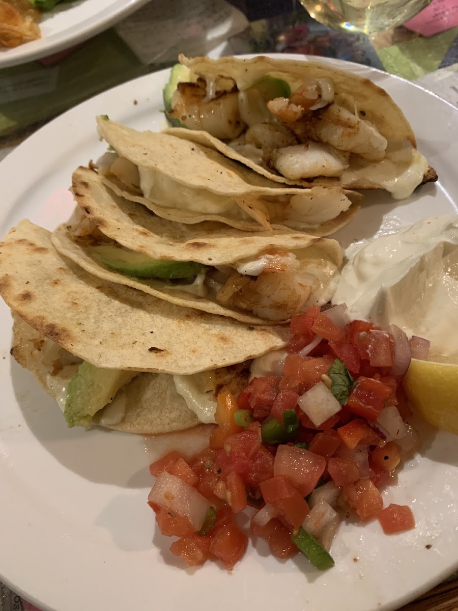 Recreated their shrimp quesadilla from their menu into gluten free corn tacos for me tonight!  They were delicious!!