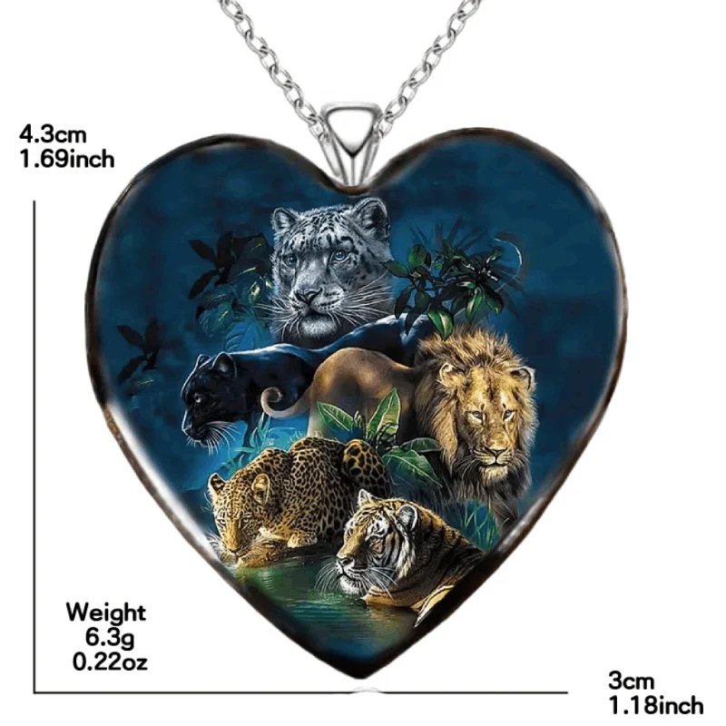 Tijger Leeuw Cheetah Mode Hartvormige Kristallen Ketting, een trendy accessoire om je outfit op te fleuren met een vleugje wildernis en glamour.