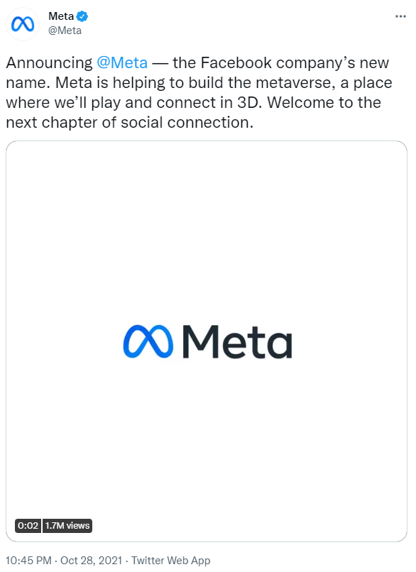 Tweet by Meta announcing the new name given to Facebook