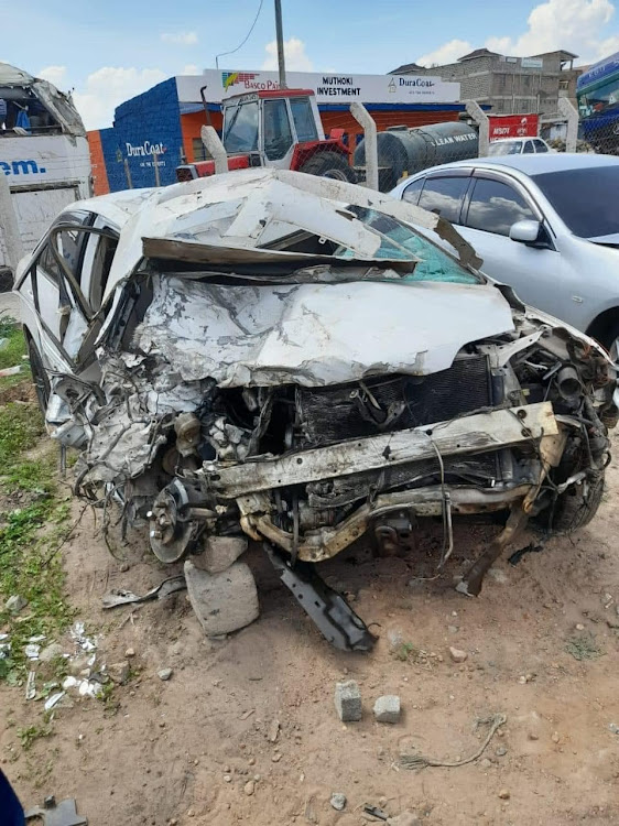 Wreckage of the car Kioko was driving when he died in Mombasa road accident on Wednesday, December 14, 2022.