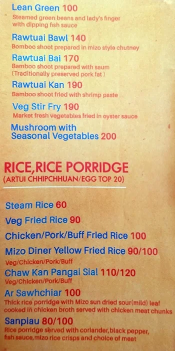 Mizo Diner menu 