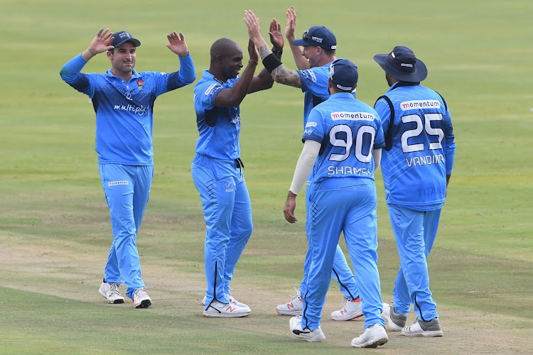 Junior Dala of the Titans celebrates the wicket of Dane Paterson of the Cobras with his team during the Momentum One-Day Cup, semi-final at SuperSport Park on March 27, 2019 in Centurion, South Africa.