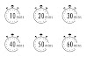 Set of timer. Stopwatch icons. Countdown 10.20,30,40,50,60 minutes. Stopwatch sign set. Flat vector illustration.