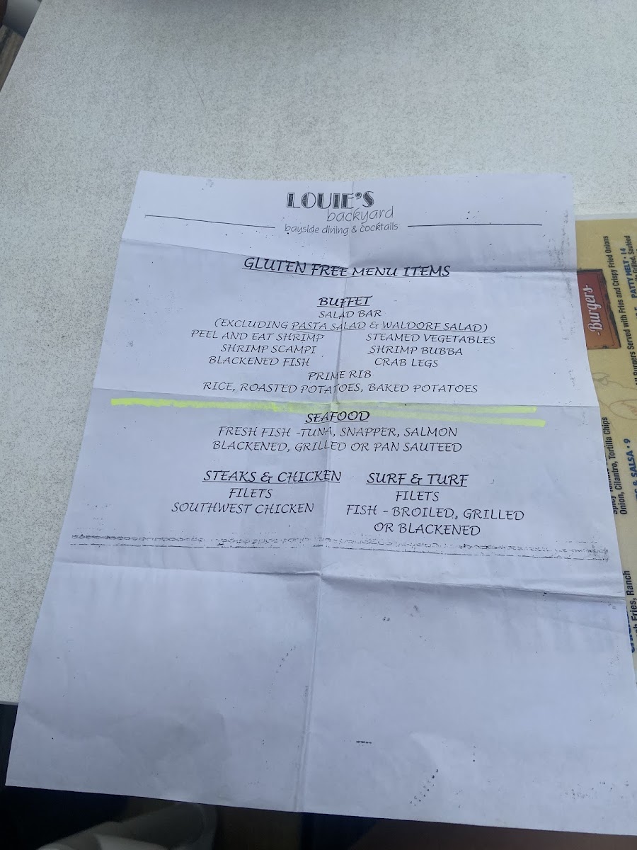 Louie's Backyard gluten-free menu