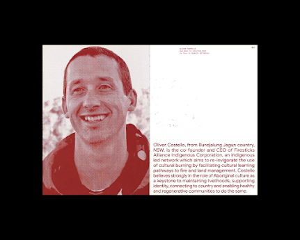 Double-page scan from the Rare with Google 2020 publication featuring portait of Oliver Costello from the shoulders up.
