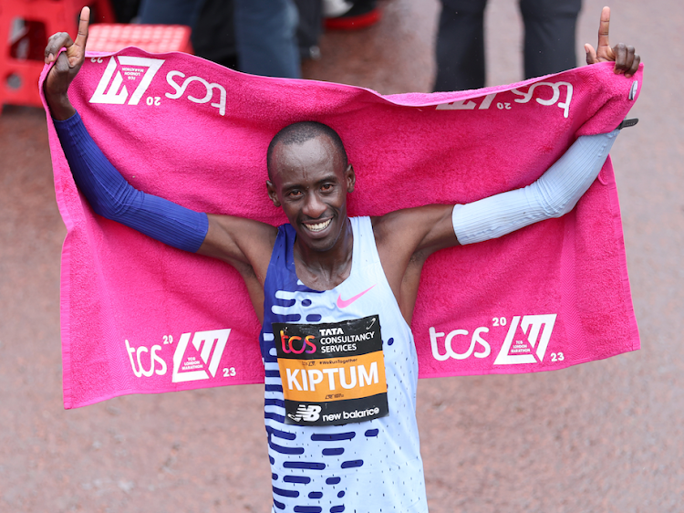 Kevin Kiptum celebrates after winning 2023 London Marathon