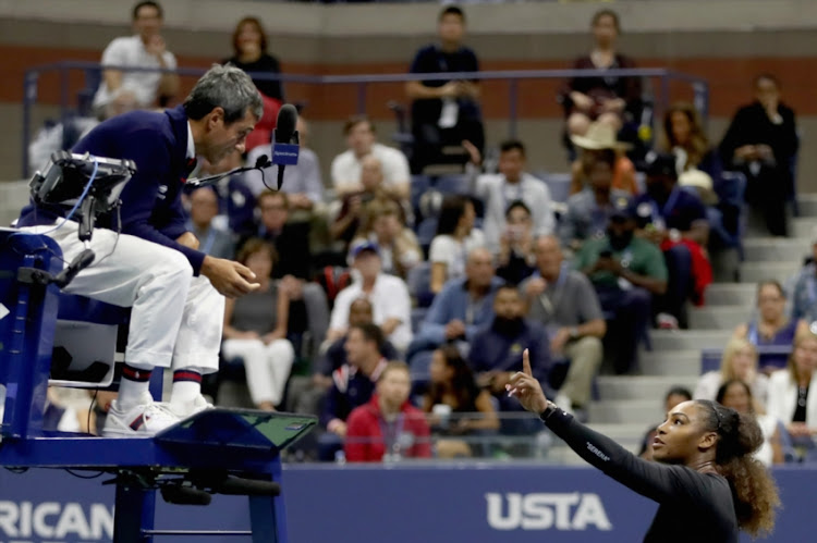 Serena Williams of the United States reacts to umpire Carlos Ramos after her defeat in the Women's Singles finals match to Naomi Osaka of Japan on Day Thirteen of the 2018 US Open at the USTA Billie Jean King National Tennis Center on September 8, 2018 in the Flushing neighborhood of the Queens borough of New York City.