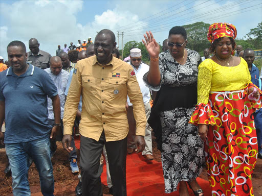 Msambweni MP Suleiman Dor with Deputy President William Ruto, Malindi MP Aisha Jumwa and Kilifi Woman Rep Getrude Mbeyu accompanied by other Coastal leaders during the groundbreaking ceremony of Shomani Girls high School at Kakuyuni Malindi on September 29. /ALPHONCE GARI