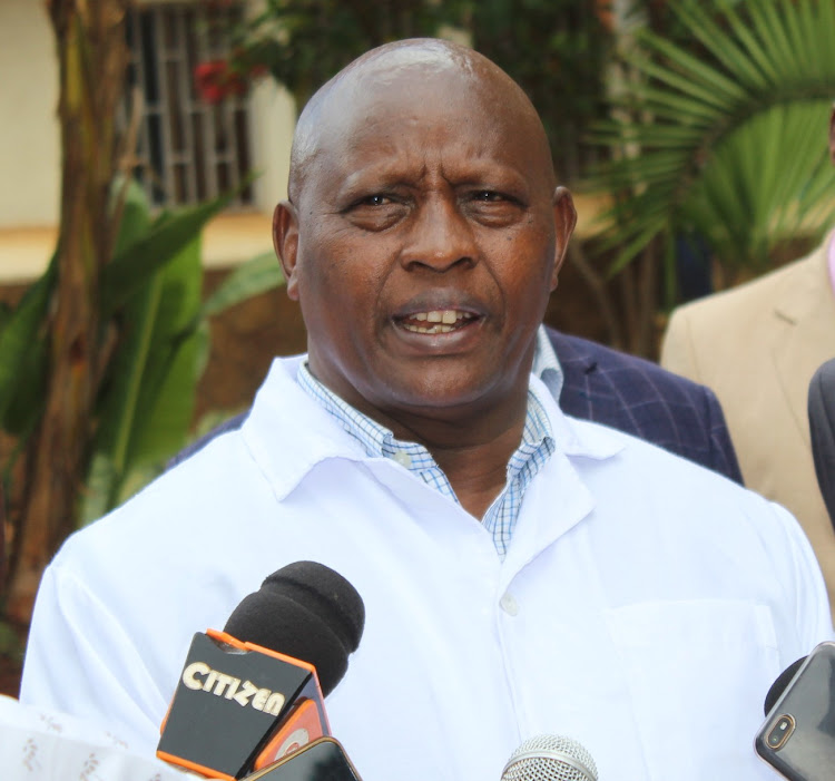 Nyeri governor Mutahi Kahiga briefs the media outside his offices in Nyeri town on Friday