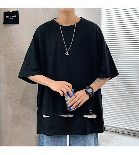 Title 16, Round Neck Casual Bottoming Shirt with Ripped S...