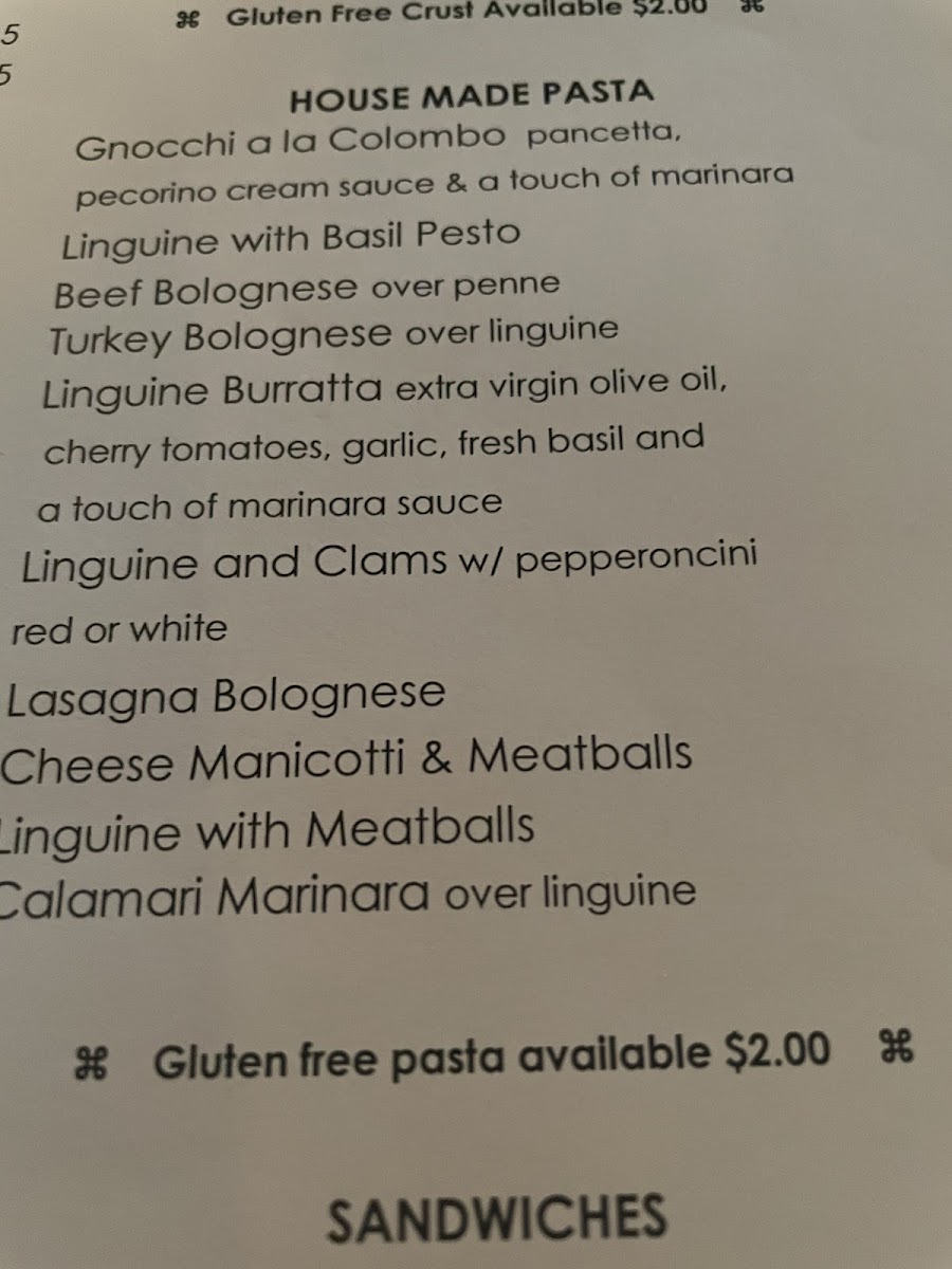 Colombo's Cafe & Pastries gluten-free menu