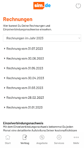 Screenshot sim.de Servicewelt