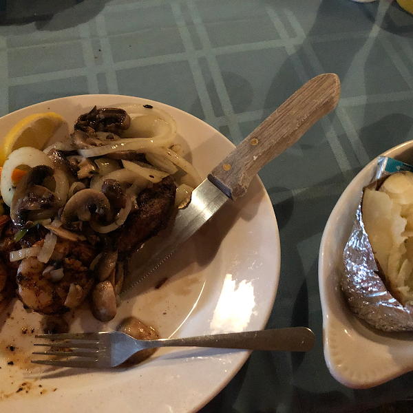 GF Hamburger Steak, Mushroom & Onions with a side of Shrimp