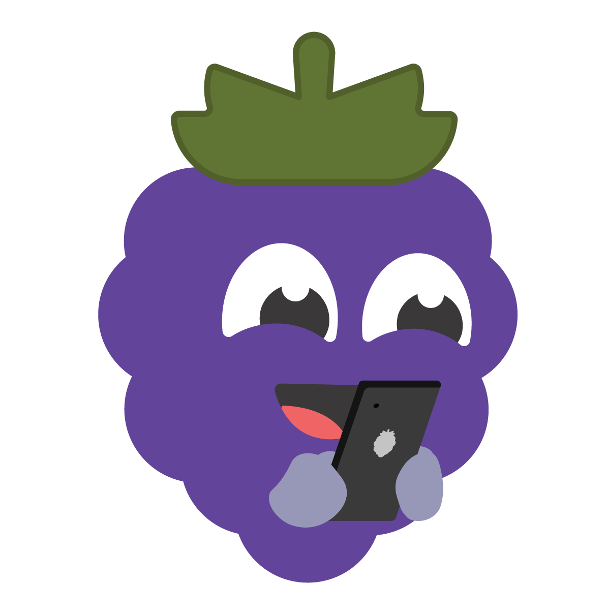 Unser Maskottchen berry tippt auf dem Smartphone